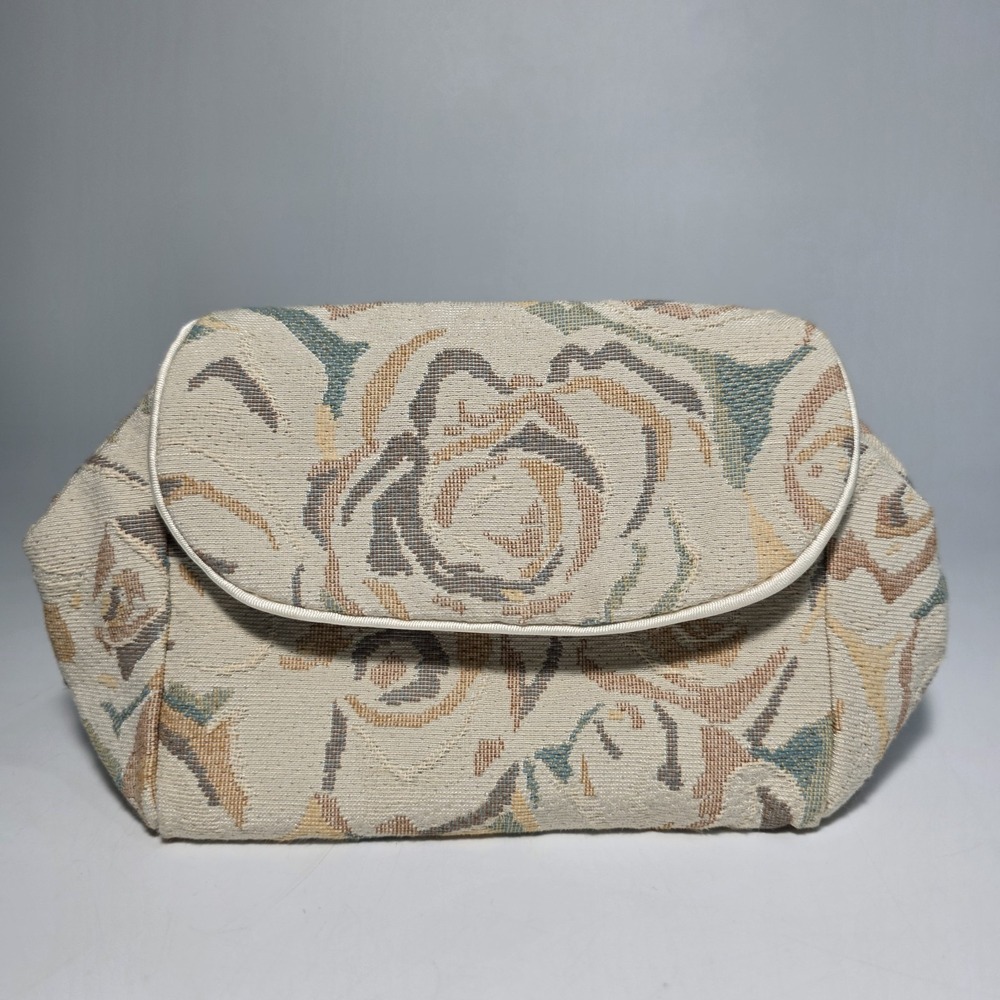 Vintage 1980's Floral Tapestry Cottagecore Makeup Bag Pastel Roses Travel Pouch